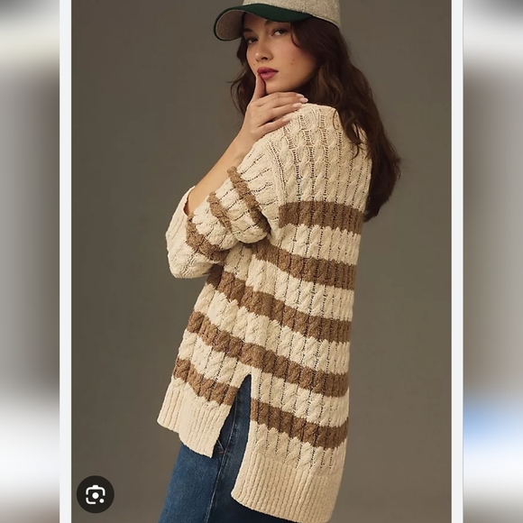 Anthropologie Pilcro Longline Striped Sweater Tunic Size XL white & tan